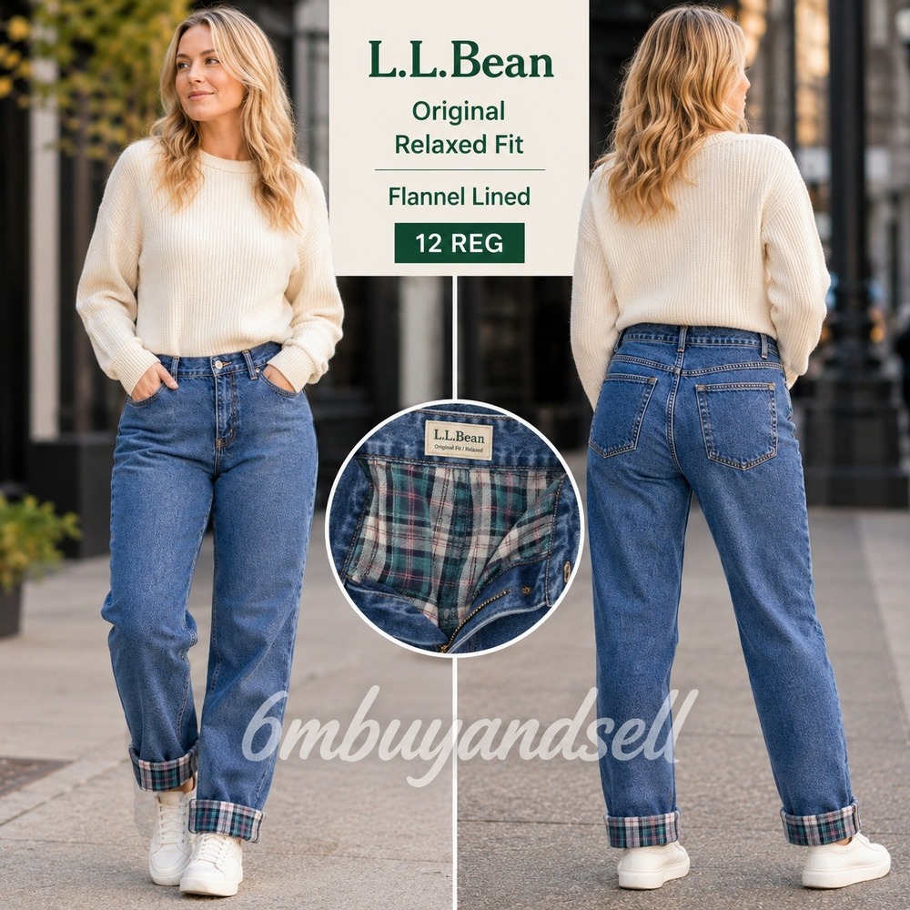 LL Bean Flannel Lined Jeans Womens 12 Regular Original Relaxed Plaid Blue Denim